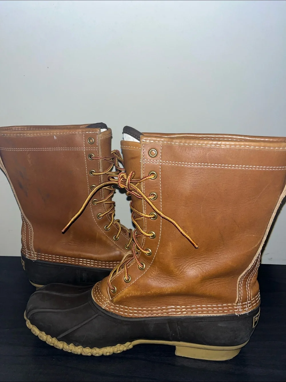 L.L. Bean Men's Brown Leather and Dark Brown Waterproof Duck Boots tall